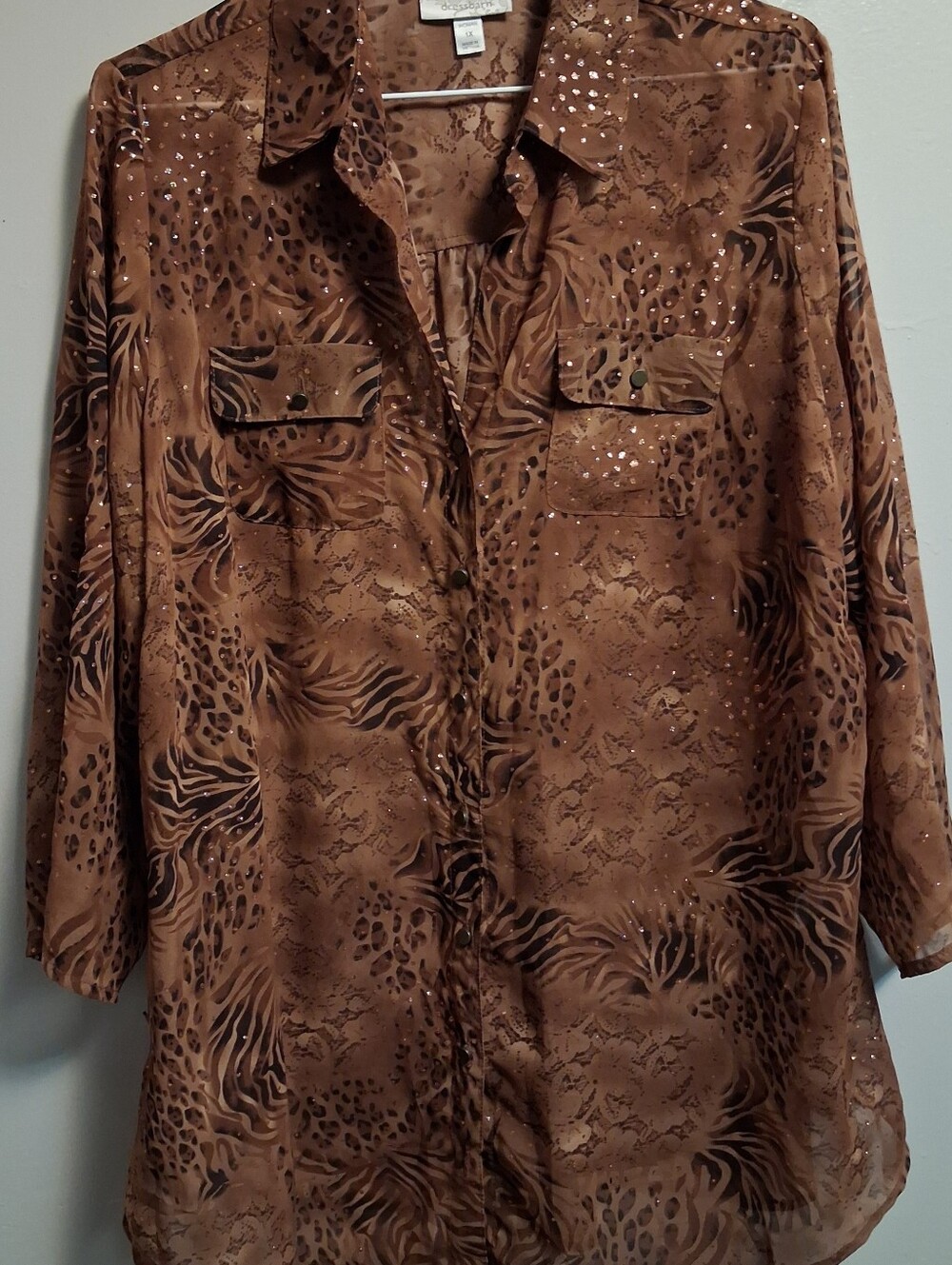 Dress Barn Brown Animal-Print Button Down Shirt with Metallic Accents